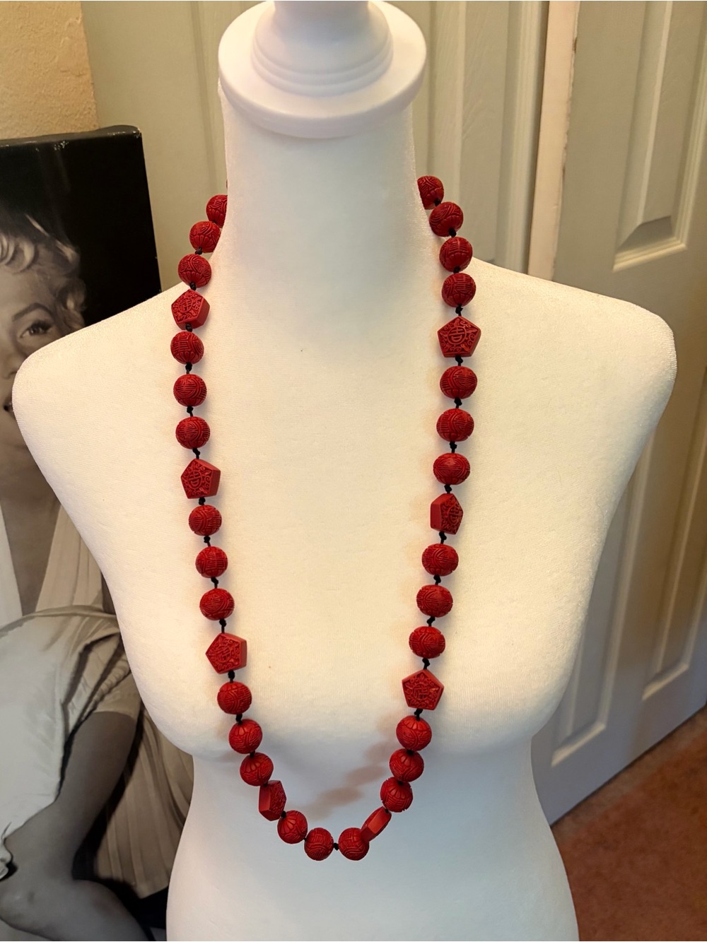 Vintage  Red 1990s Joan Rivers Faux Cinnabar Beaded necklace .